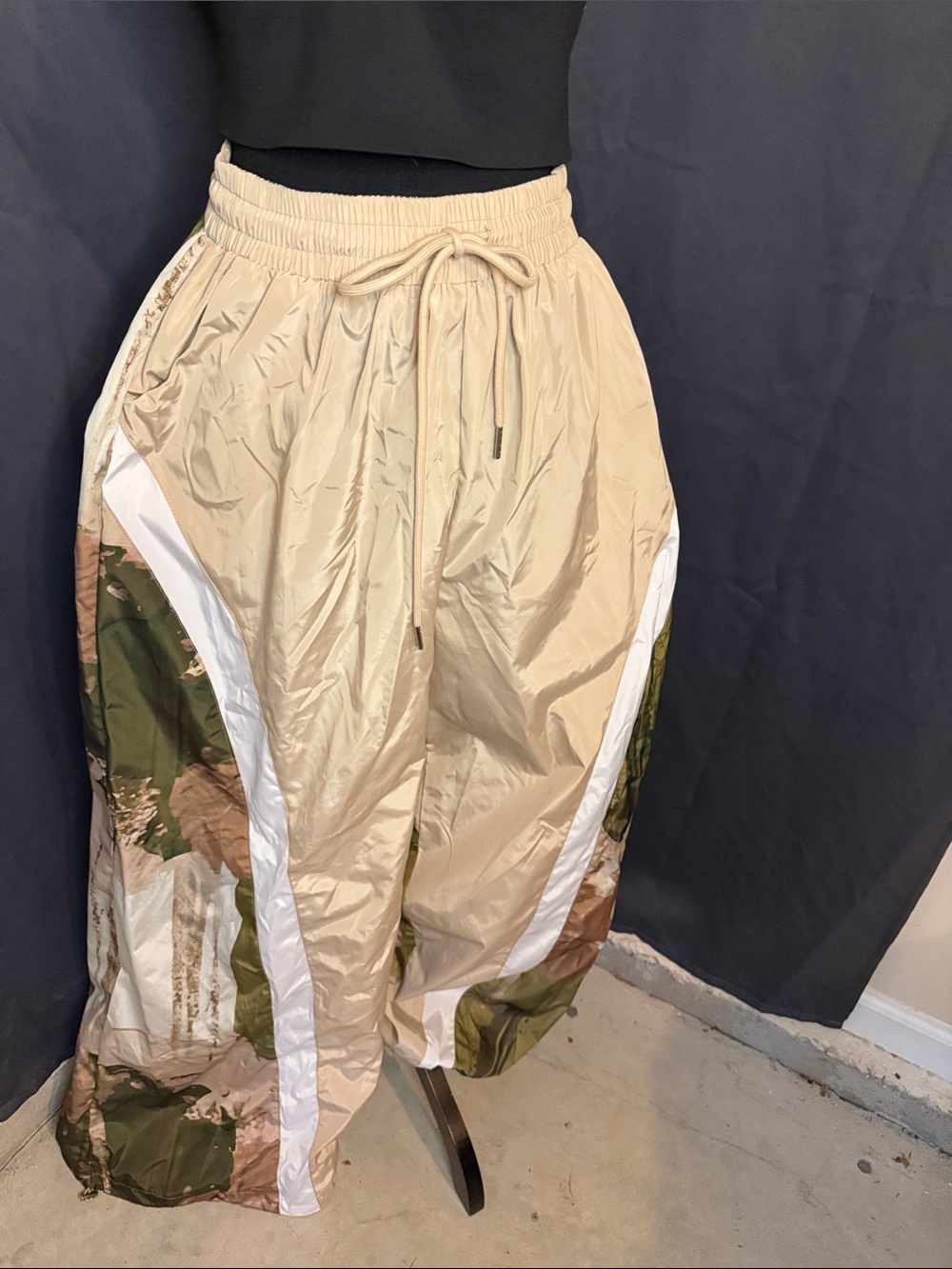 Beige Drawstring Track Joggers with Camouflage Panels